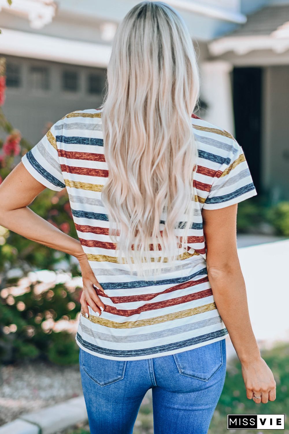 Multicolor Stripes V Neck T-Shirt