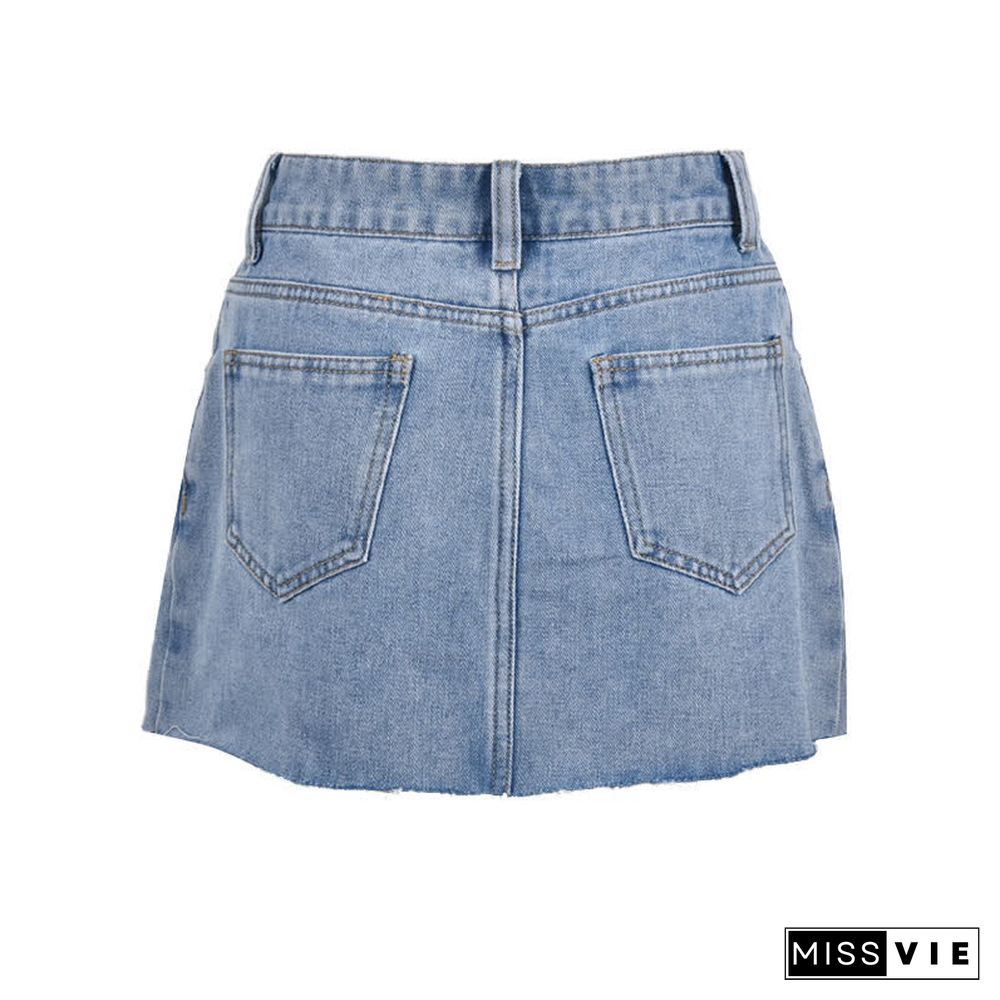 Cross Embroidery High Waist Denim Skirt