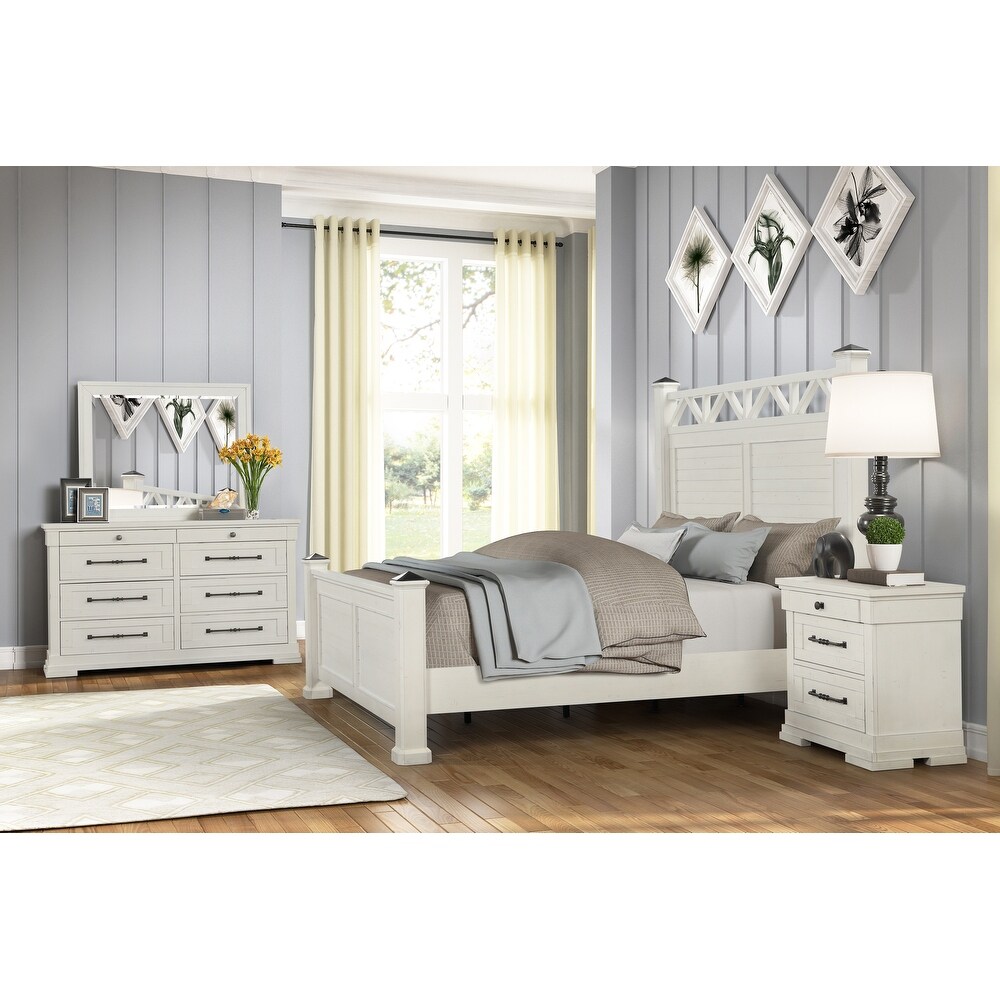 Roundhill Furniture Laria Antique White Finish Wood Panel Bed with Dresser  Mirror  and Two Nightstands