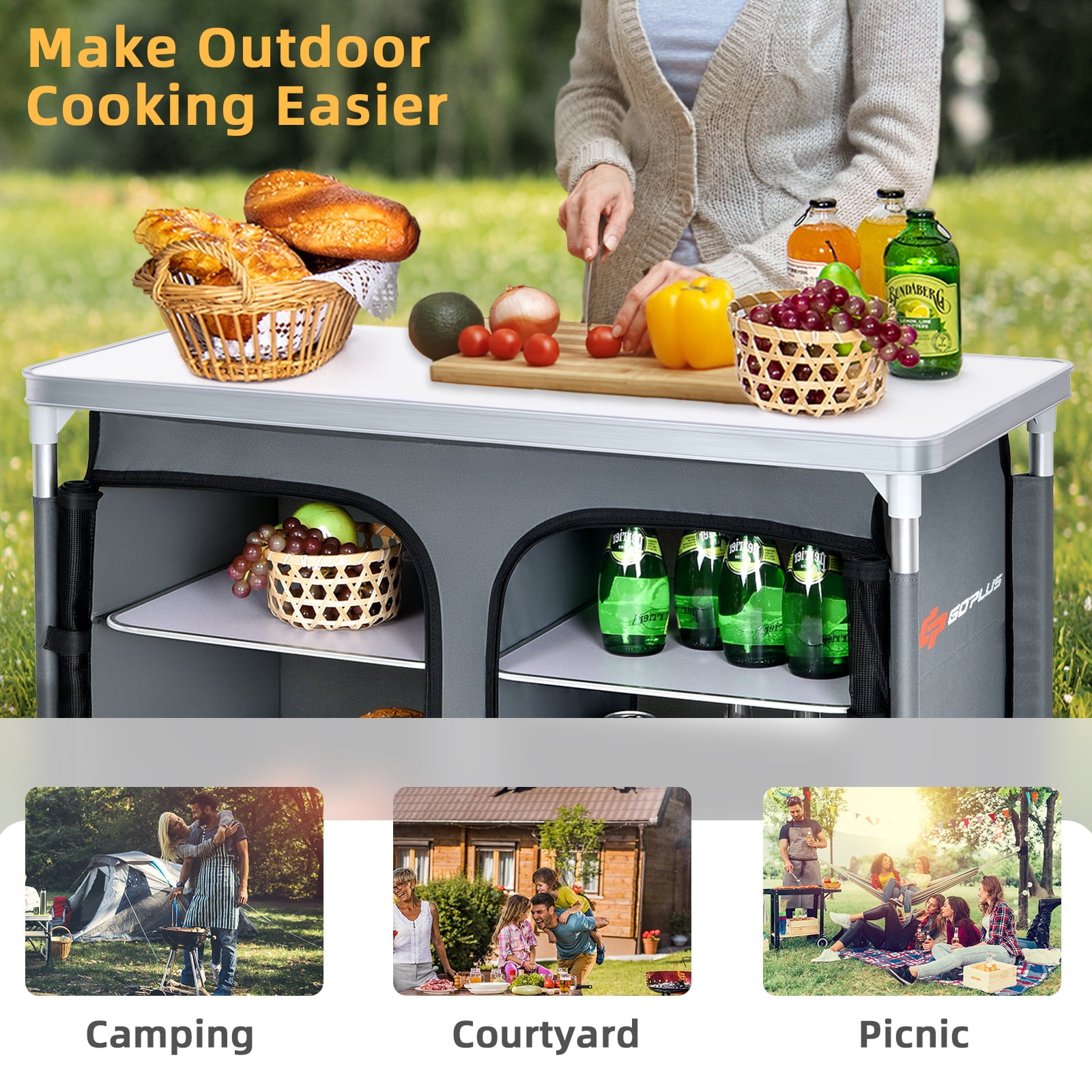 Topbuy Portable Outdoor Camping Table Aluminum Kitchen Station w/Storage Shelves and Carrying Bag for BBQ