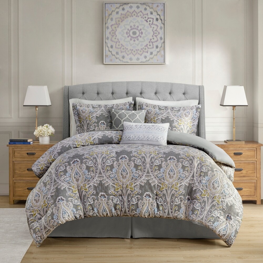 Harbor House Hallie 6 piece Grey Damask Pattern Cotton Comforter Set