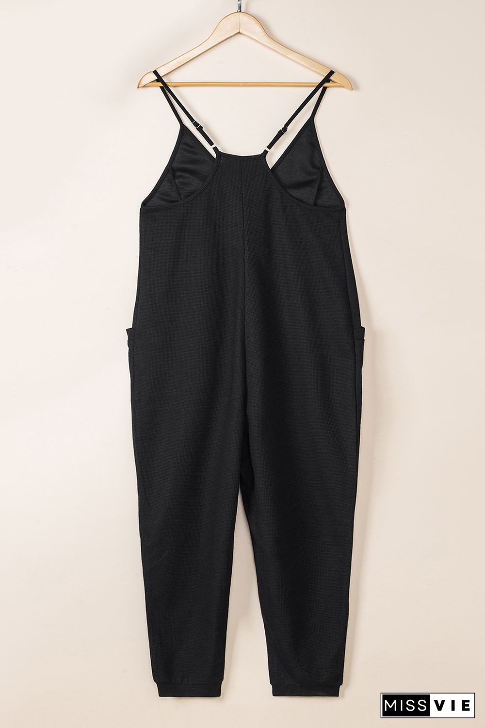 Black Textured Sleeveless V-Neck Pocketed Casual Jumpsuit