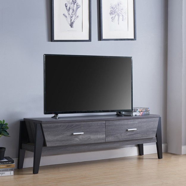 Fc Design Two toned 65 quot w Modern Tv Stand With Two Drawers In Distressed Grey amp Black Finish