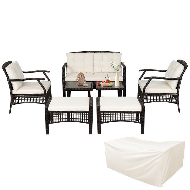 Costway 7pcs Patio Rattan Furniture Set Cushioned Sofas Loveseat Yard W waterproof Cover