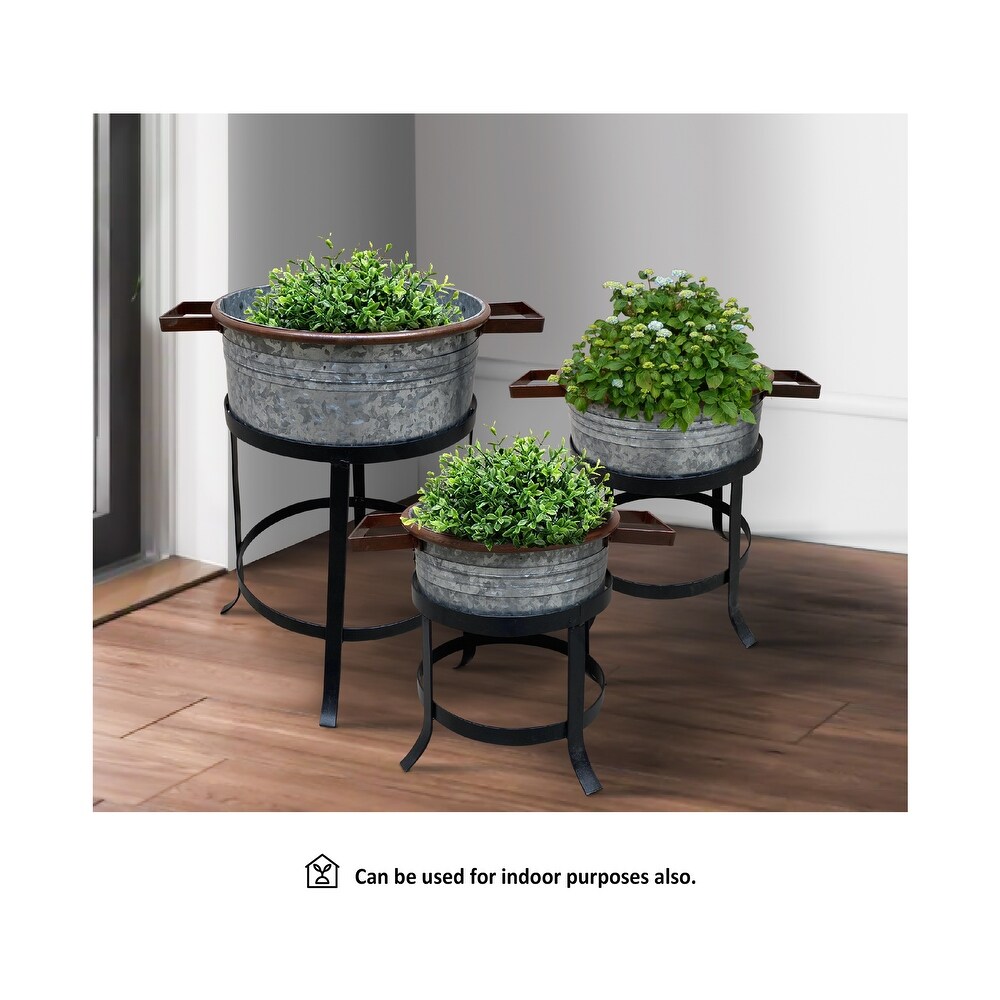 21  18  and 16 Inch 3 Piece Round Tub Metal Planter Set with Stand in Galvanized Gray and Black Iron