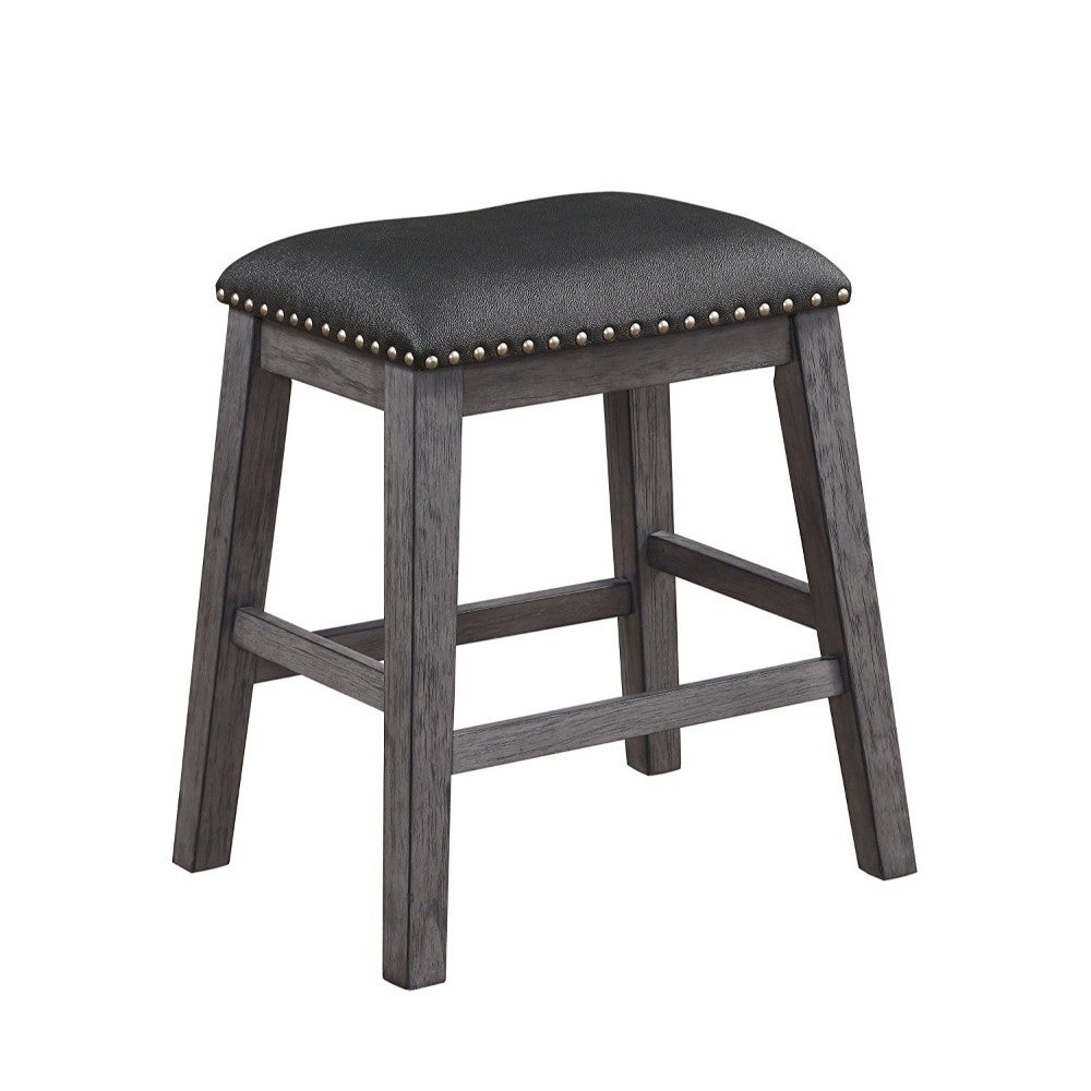 Wood and Leather CoUnter Height Stool with Nail head Trim， Set of 2， Black and Gray - 24.5 H x 16.5 W x 21.5 L Inches