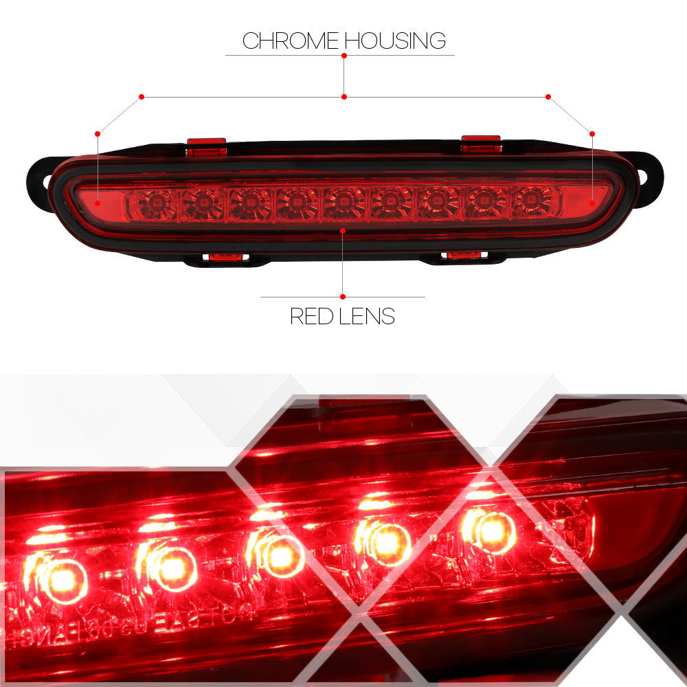 For 2006 to 2010 Dodge Charger Rear LED 3rd Third Brake Light Tail Stop Lamp Chrome Housing Red Lens 07 08 09