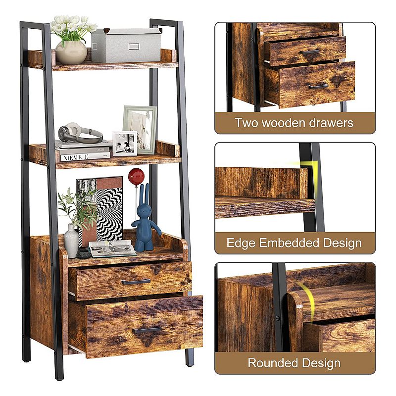 Fabato 3 Tier Display Bookcase With Ladder Shelves And Metal Frame， Rustic Brown