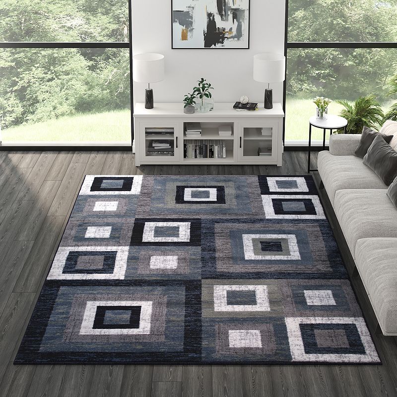 Masada Rugs Newton Collection Modern 8'x10' Accent Rug with Geometric Square Pattern in Blue， Gray and White