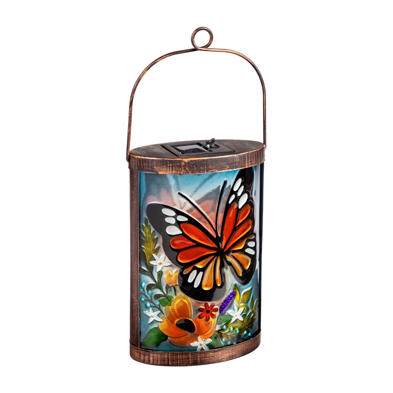 Evergreen Handpainted Solar Glass Lantern， Florals and Monarch Butterfly， 3.7'' x 5.9'' x 9.5'' inches.