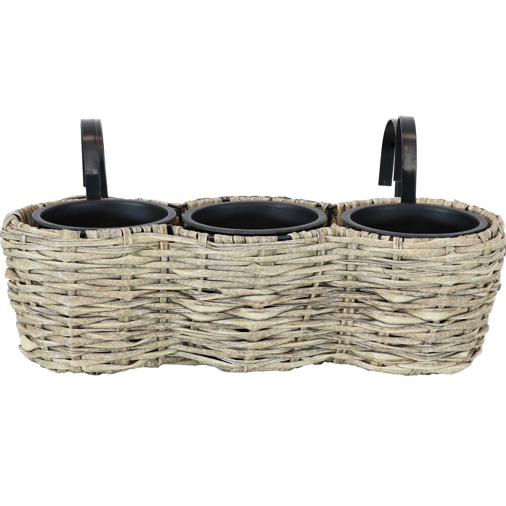Sunnydaze Round Polyrattan Over the Rail Tri Planter   Frost