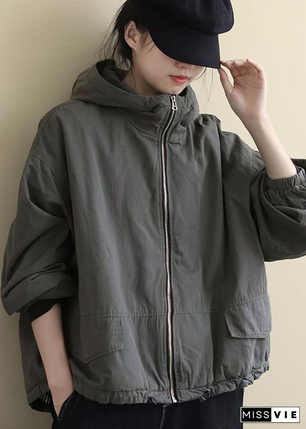 Luxury Grey hooded Loose drawstring Winter Cotton Coats Long sleeve