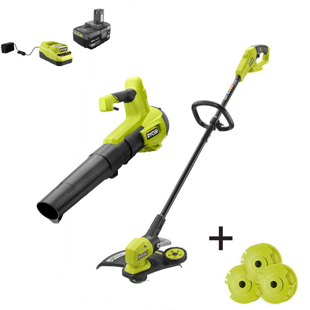 RYOBI ONE+ 18V Cordless String TrimmerEdger and Cordless Leaf Blower with Extra 3-Pack of Spools 4.0 Ah Battery and Charger P2039-AC