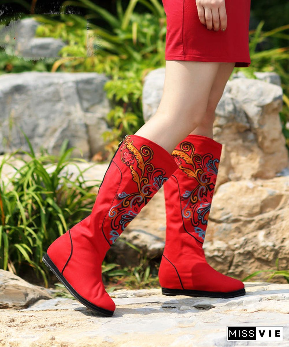 Vintage Red Wedge Boots Embroideried Comfy Cotton Fabric zippered Splicing Boots