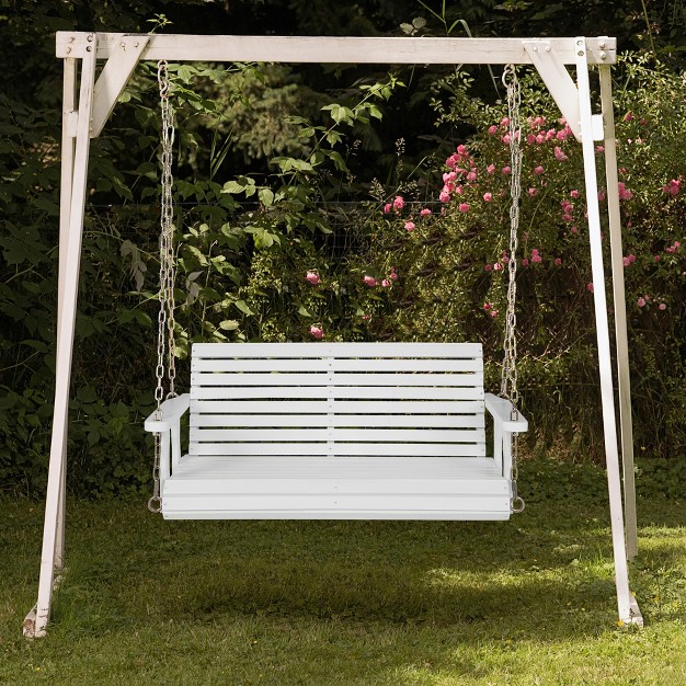 Costway Porch Swing Wood Outdoor Patio Hanging Bench Chair For Garden Backyard White brown