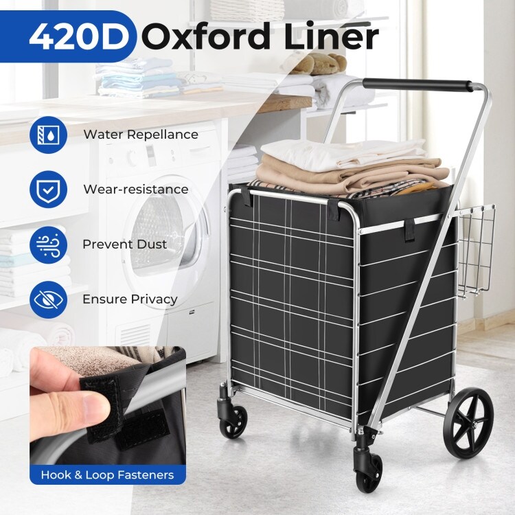 Folding Shopping Cart with Waterproof Liner Wheels and Basket Silver   26\