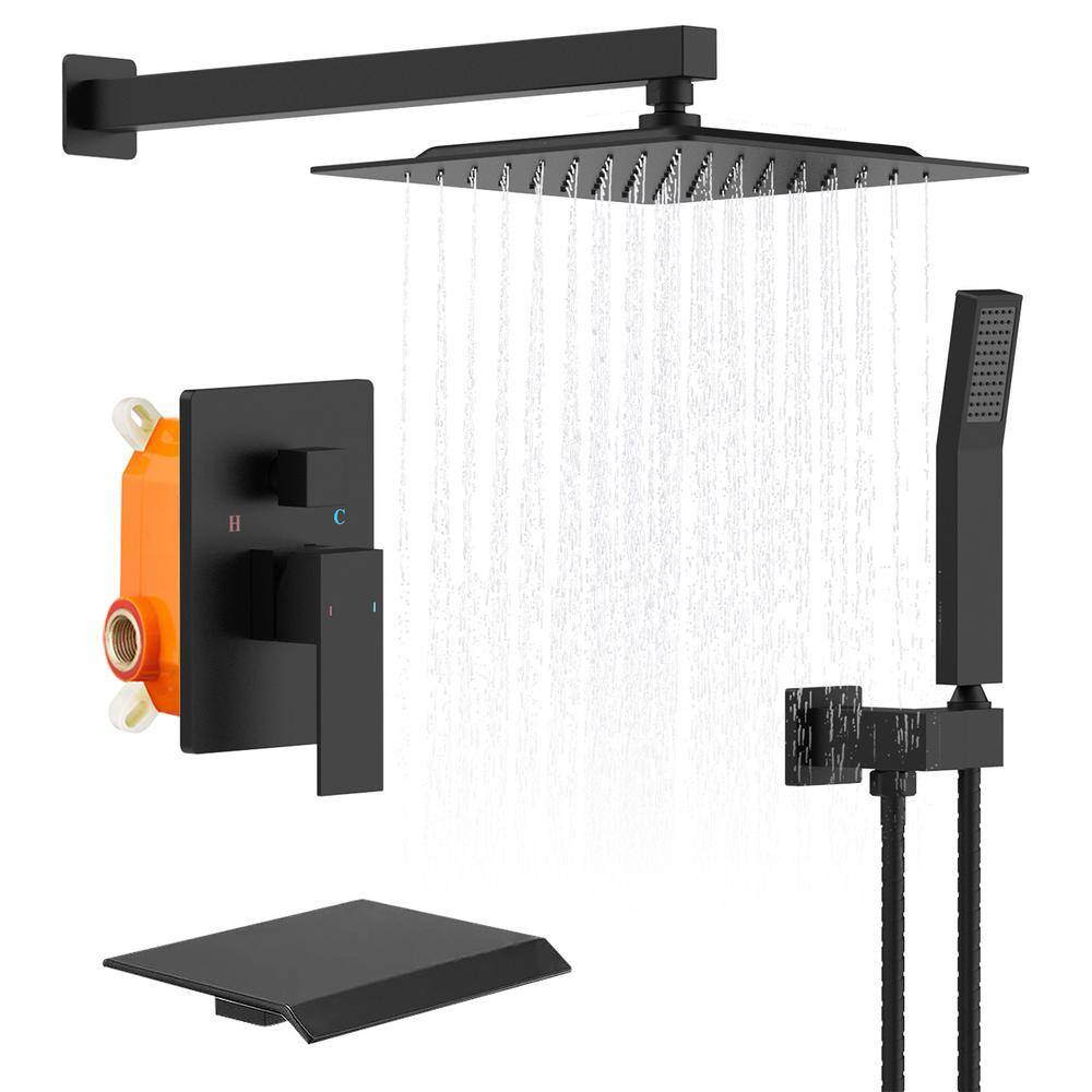 GIVING TREE 1-Spray 10 in. Square Rainfall Shower Head and Hand Shower with Bathtub Faucet in Matte Black (Valve Included) XLHDDFAR0025