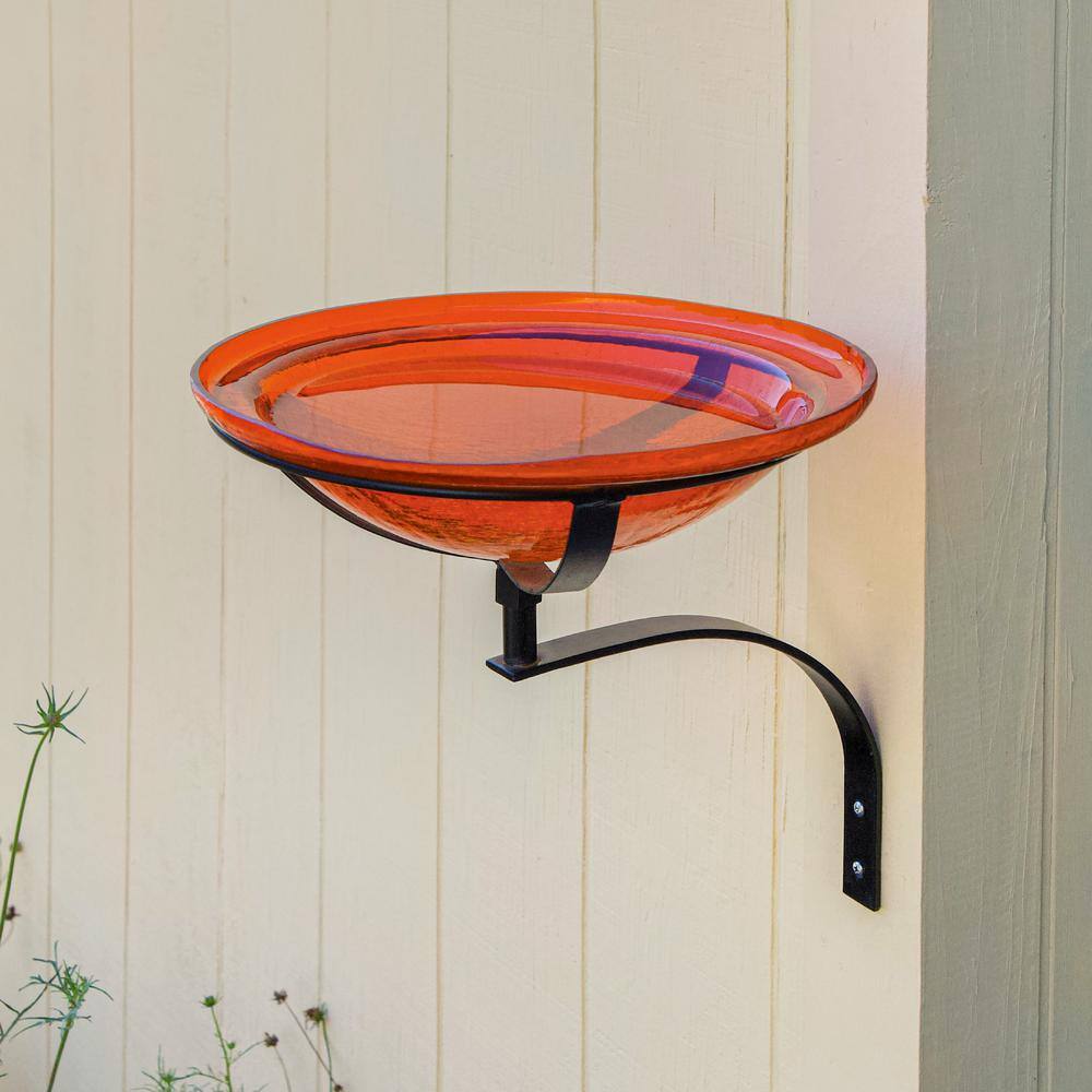 ACHLA DESIGNS 12.5 in. Dia Mandarin Orange Reflective Crackle Glass Birdbath Bowl with Wall Mount Bracket CGB-06M-WM