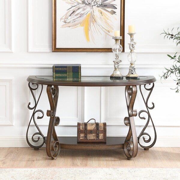 Console Table with Glass Table Top and Powder Coat Finish Metal Legs for Living Room Bedroom ，Dark Brown