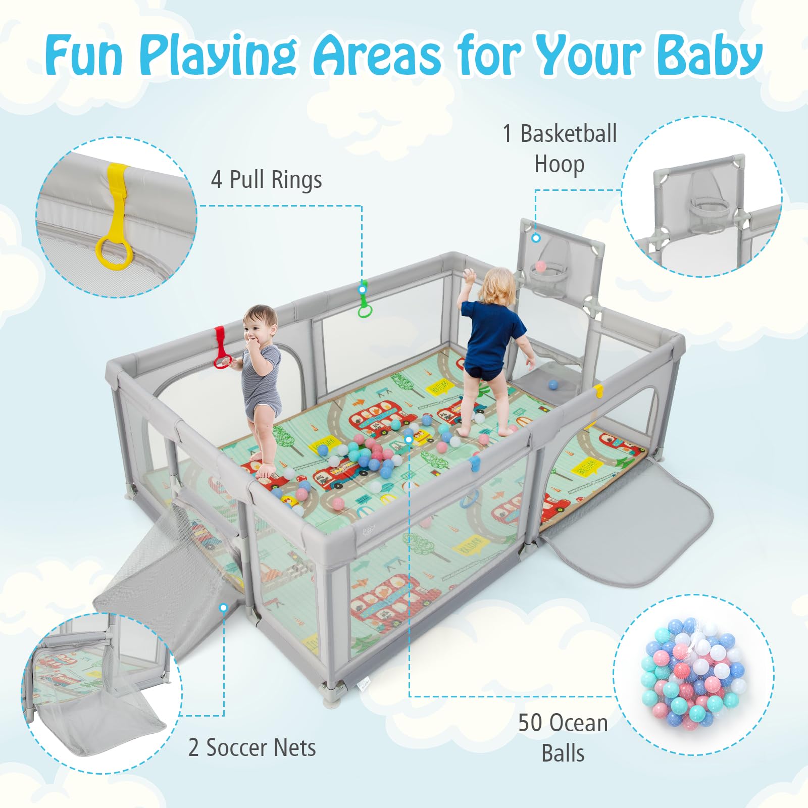 Costzon Large Baby Playpen with Mat, Playpen for Babies and Toddlers w/Basketball Hoop & Soccer Nets