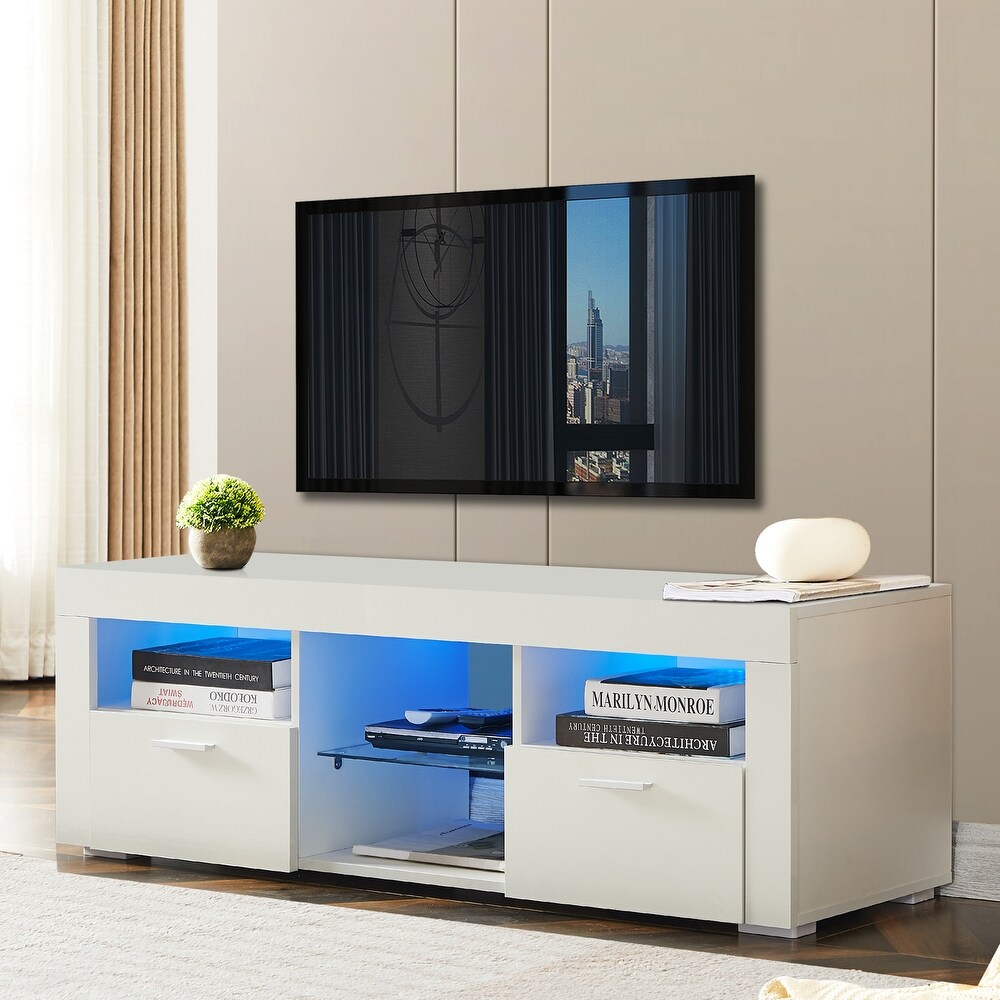 Morden TV Stand with 16 LED Light  4 Light Mode   Brightness  TV Cabinet with 2 Drawers  Entertainment Center for TVs up to 55\