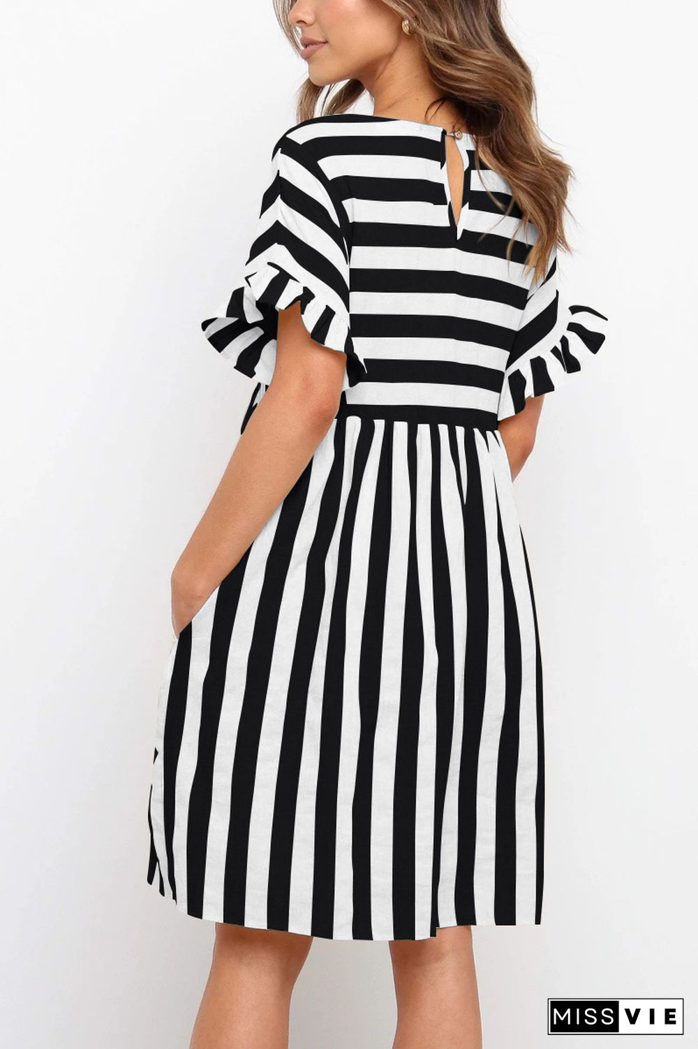 KarliDress Flounces Short Sleeved Stripes Mini Dress P12547