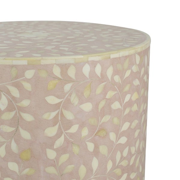 20 Inch Round Side End Table， Filigree Bone Inlay， Wood， Pale Pink， White