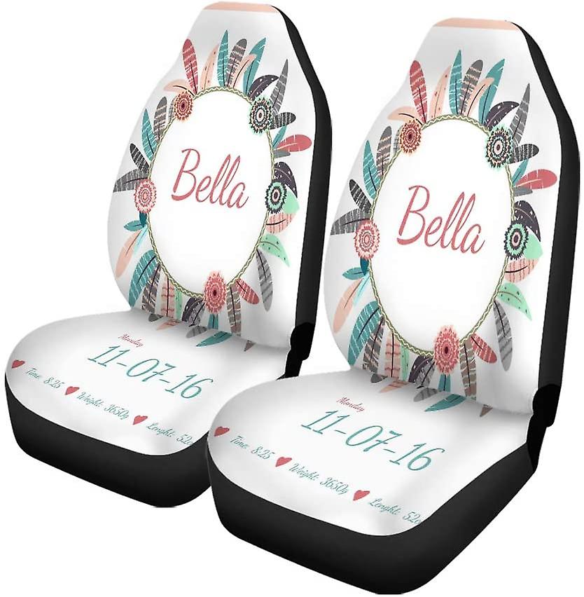 Set Of 2 Car Seat Covers Personalized Birth Announcement Feathers Flowers Frame Universal Auto Front Seats Protector Fits