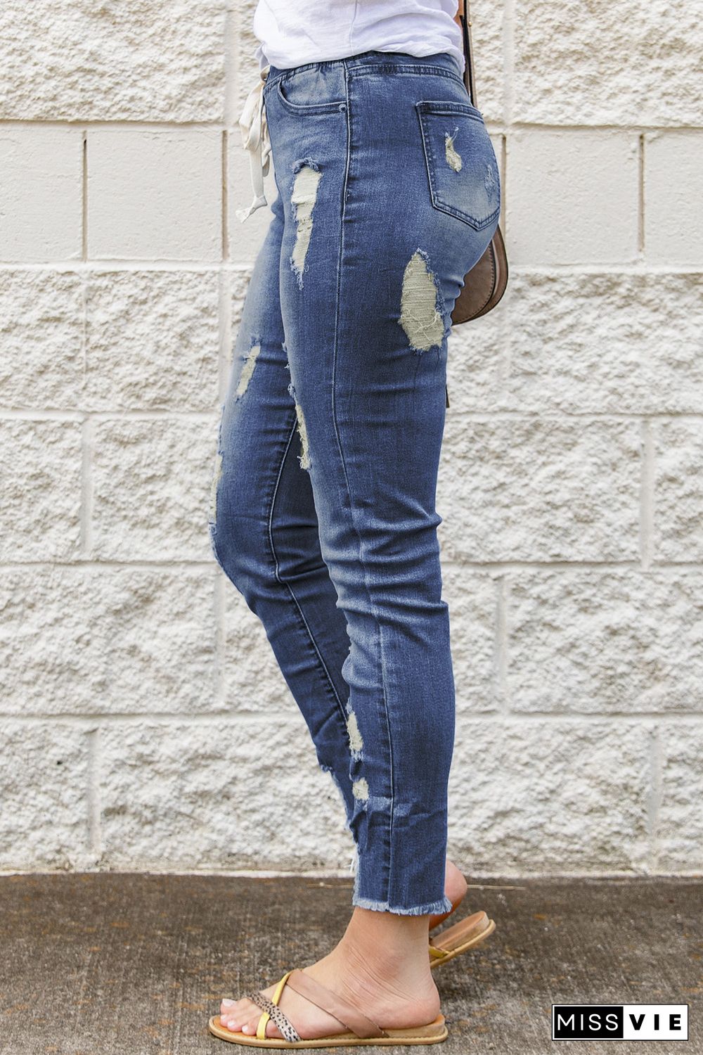 Blue Drawstring Elastic Waist Hole Ripped Jeans