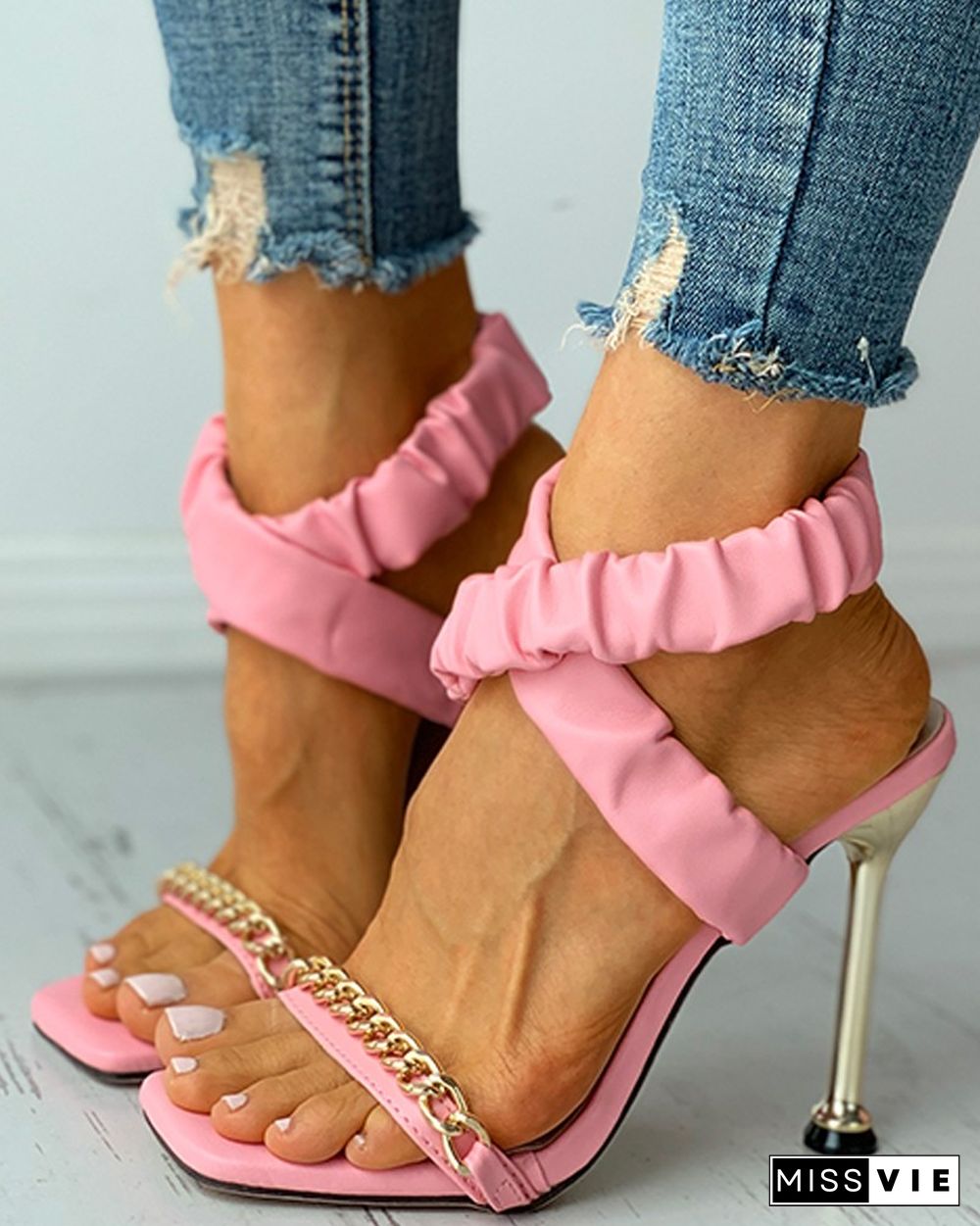 Bandage Chain Decor Square Toe Stiletto Heels