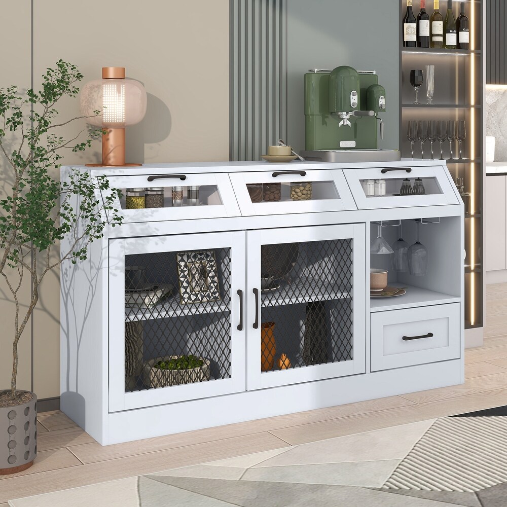 Kitchen Sideboard Multifunctional Buffet Cabinet with Drawers  Mesh Metal Doors with Adjustable Shelves Wineglass Holders  White