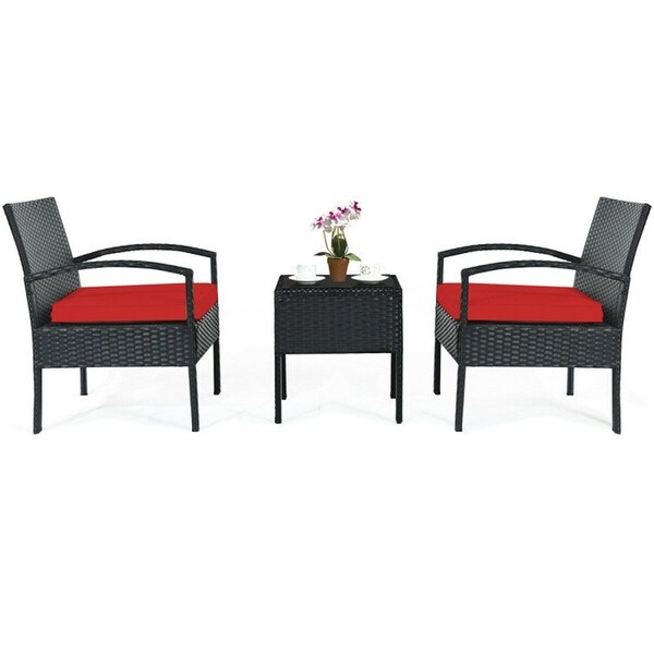 3 Pieces Outdoor Rattan Patio Conversation Set with Seat Cushions -  - 37563811