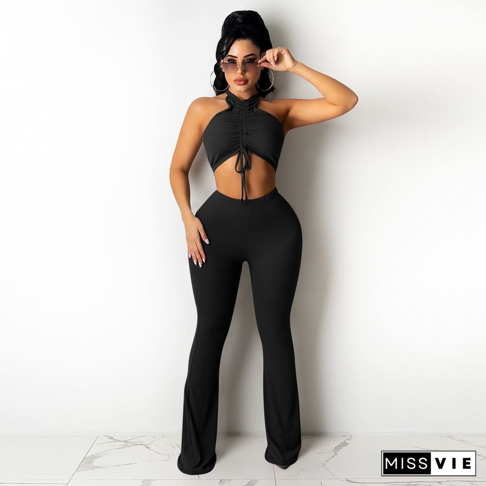 Solid Bandage Sleeveless Crop Top Flare Pants Set