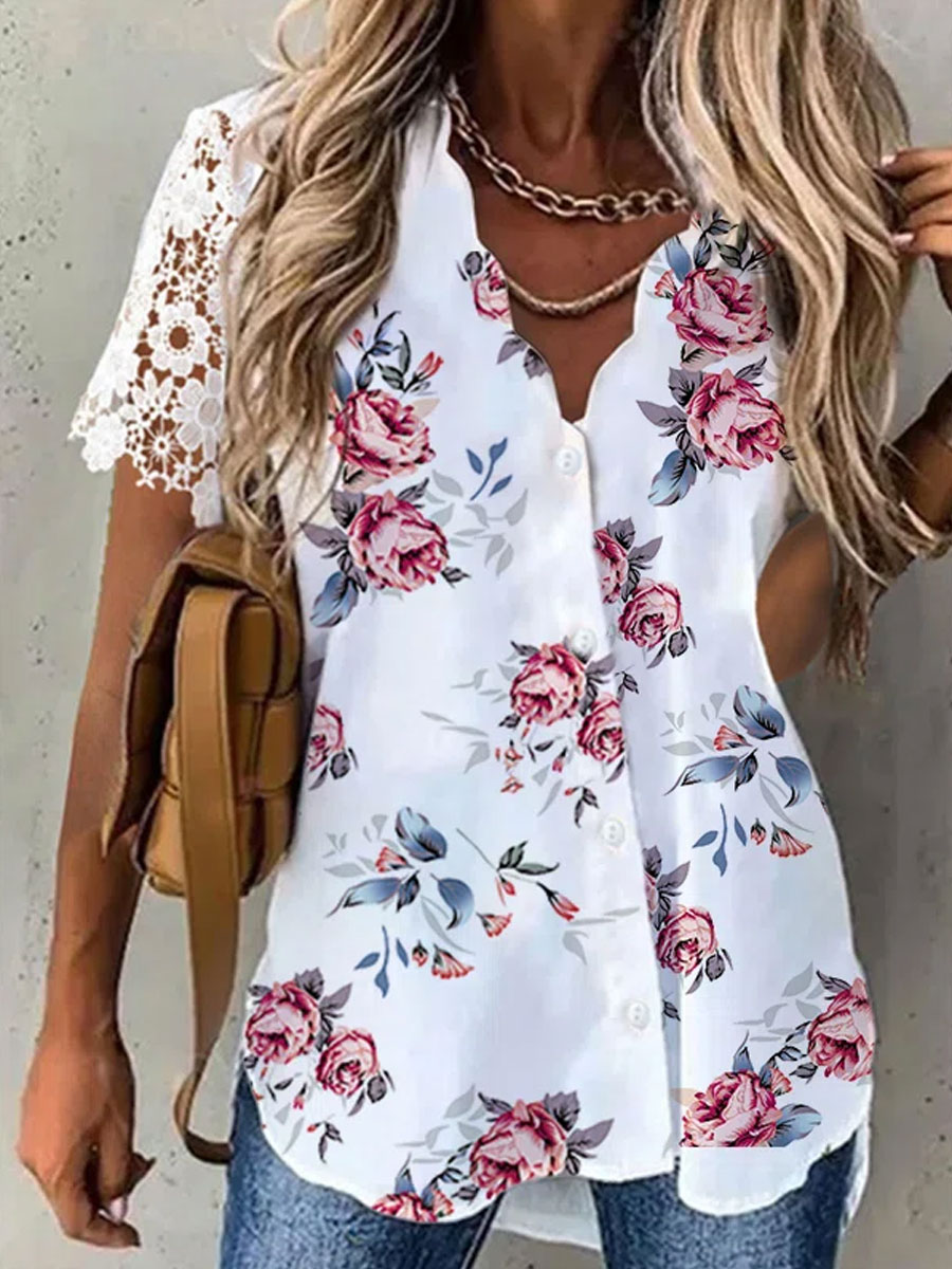 V-neck Casual Loose Floral Print Cutout Short Sleeve Blouse