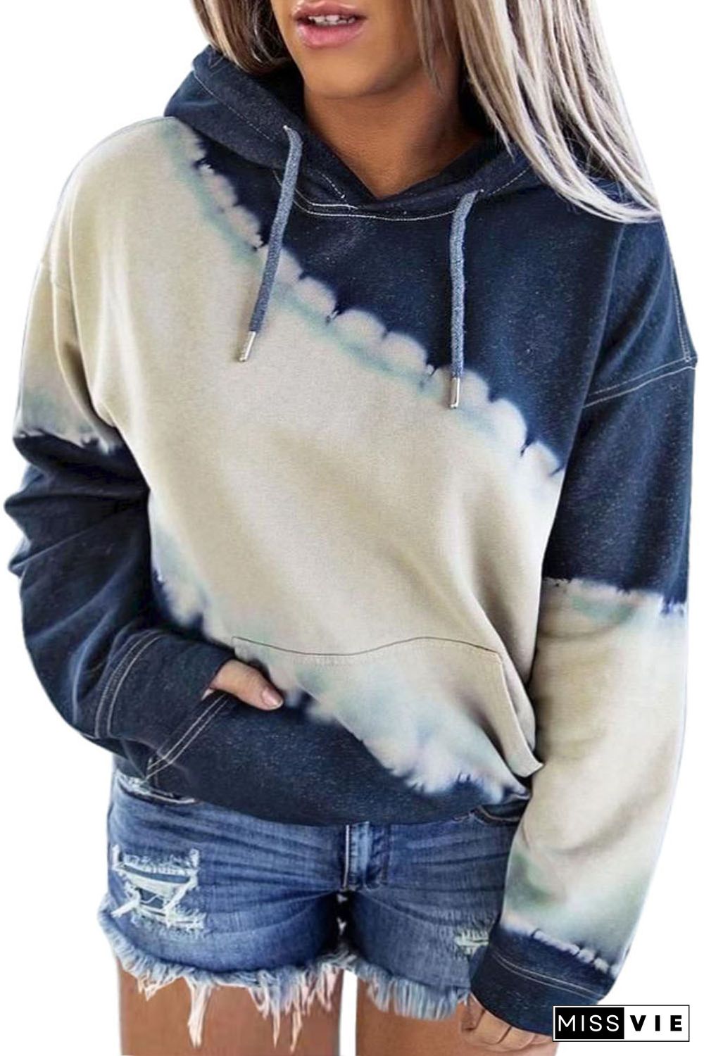 Blue Tie Dyed Color Block Plus Size Hoodie