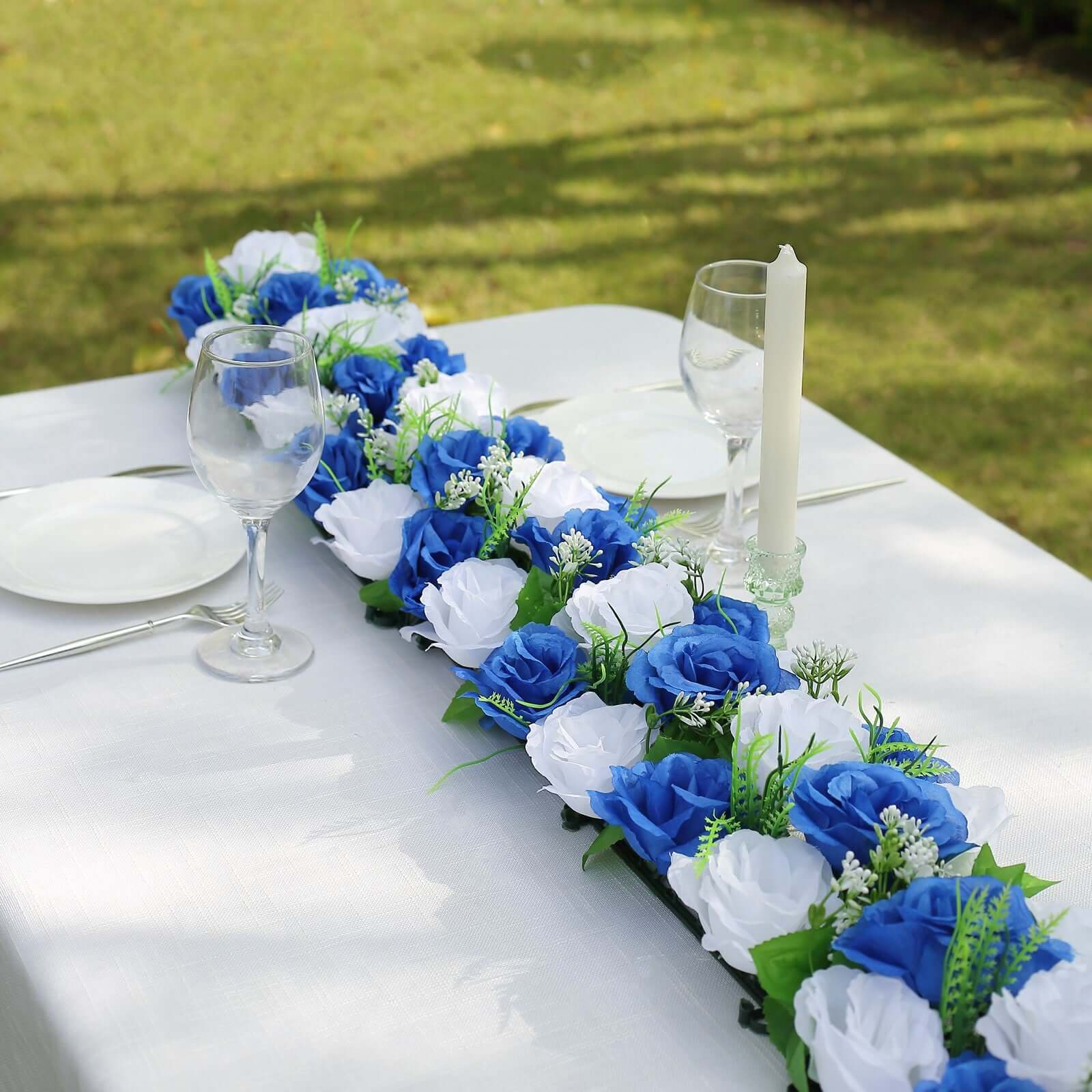 6 Pack White Royal Blue Silk Rose Flower Panel Table Runner, Artificial Floral Arrangements Dining Table Decor - 20