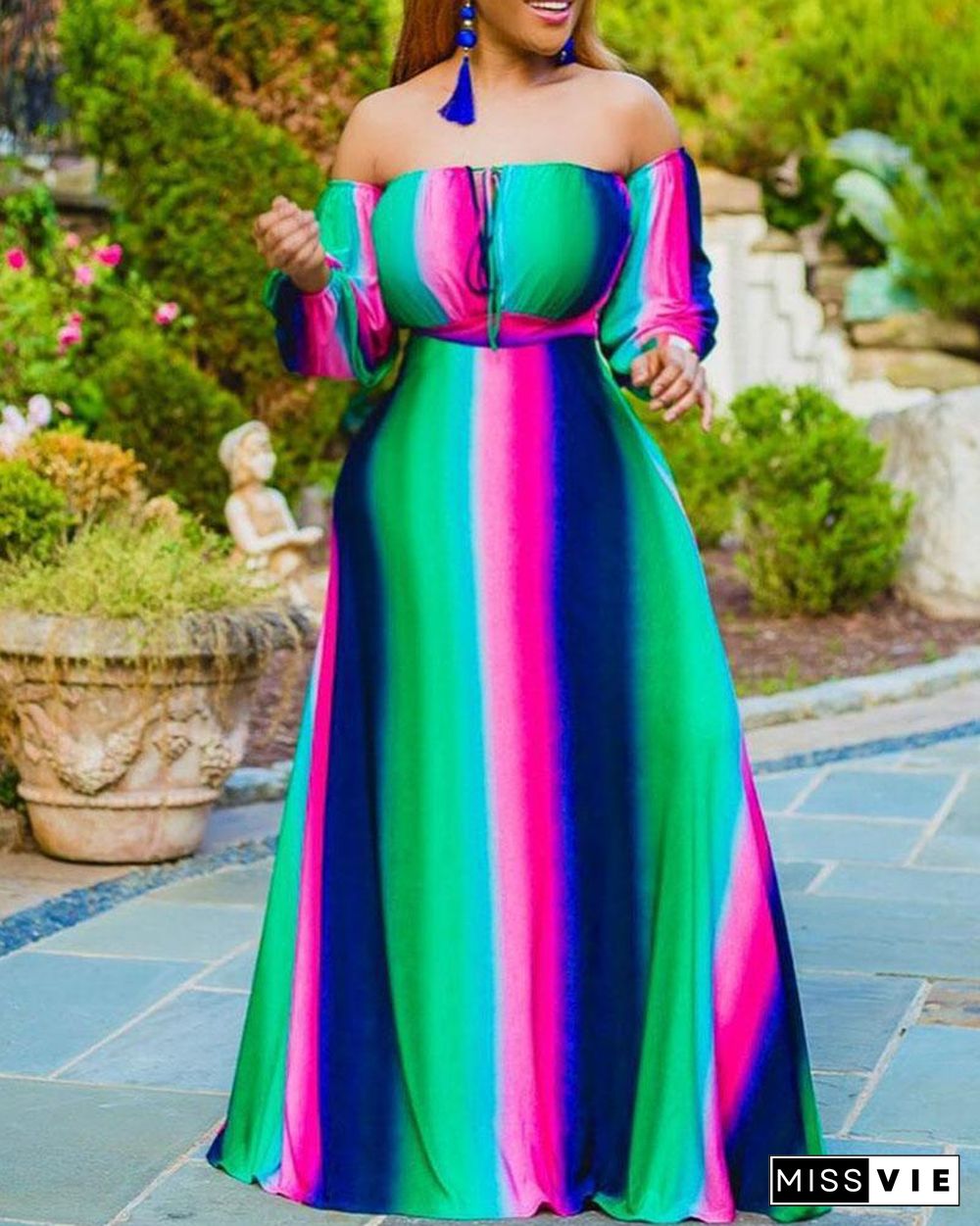 Colorful Striped Off the Shoulder Tie Front Maxi Dress