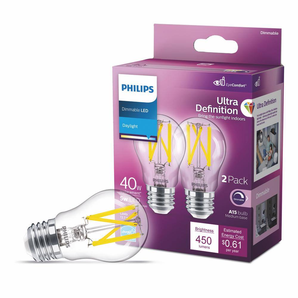 Philips 40-Watt Equivalent A15 Ultra Definition Dimmable Clear Glass E26 LED Light Bulb Daylight 5000K (2-Pack) 564328