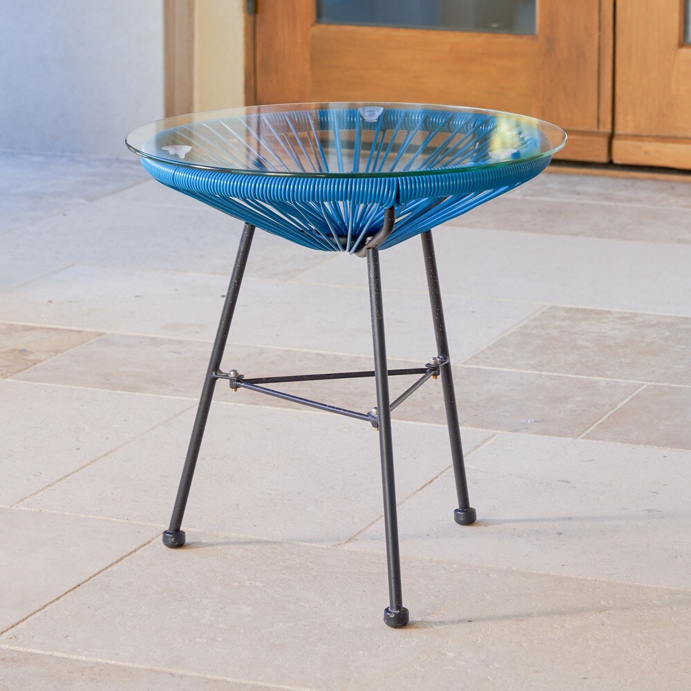 Corvus Sarcelles Modern Woven Wicker Patio Side Table with Glass Top