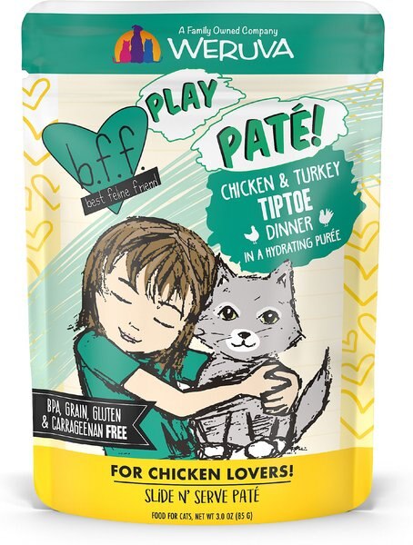 BFF Play Pate Lovers Chicken and Turkey Tiptoe Wet Cat Food， 3-oz pouch， pack of 12