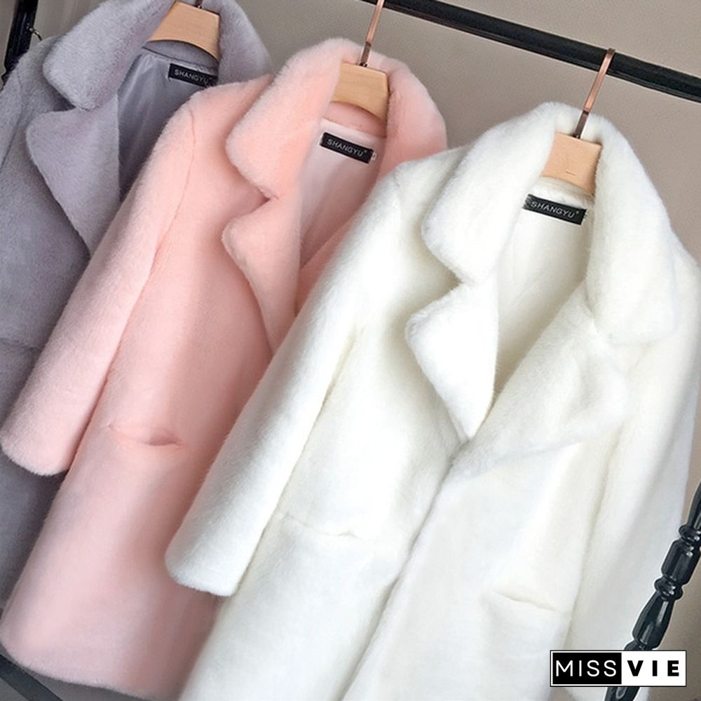 Women Mink Faux Fur Coat Solid Female Turn Down Collar Winter Warm Fur Lady Coat Casual Jacket