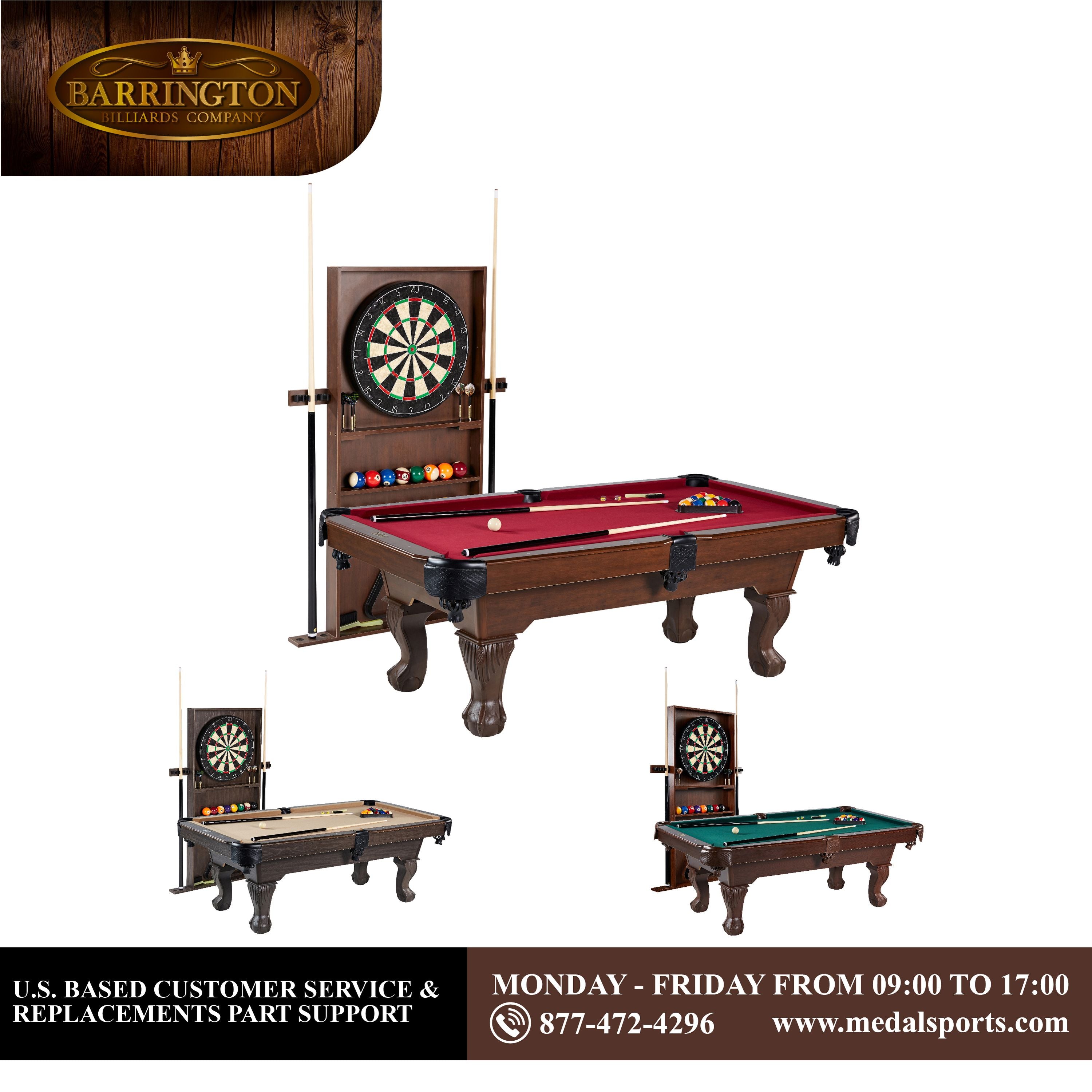 Barrington Billiards Ball and Claw Leg 90" Pool Table, Cue Rack, Dartboard, Burgundy