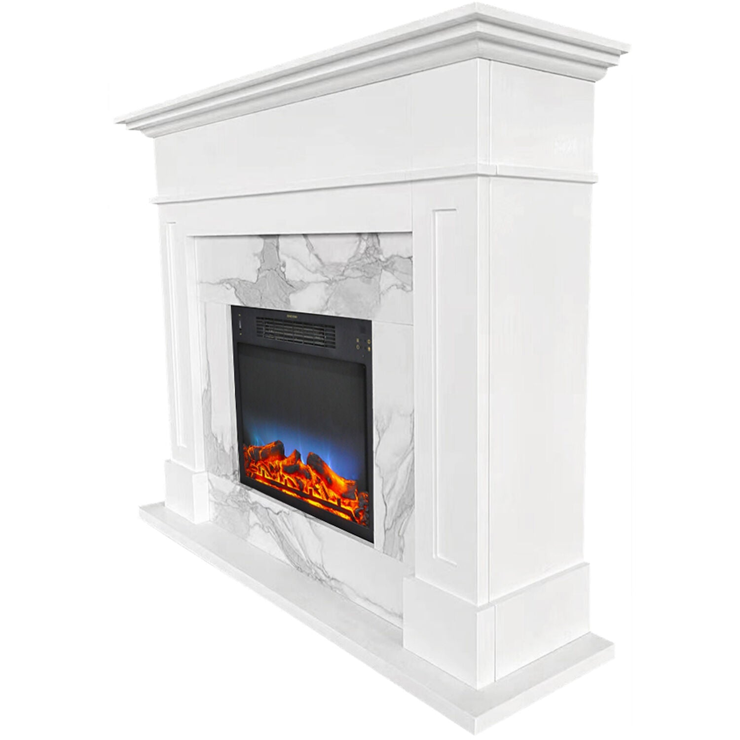 Sofia Cambridge 57-In. Modern Indoor Electric Fireplace Mantel with Multi-Color LED Log Insert and Remote Control | White Faux Marble | Heating for Living Room, Dining Room, Bedrooms up to 210 Sq.Ft.