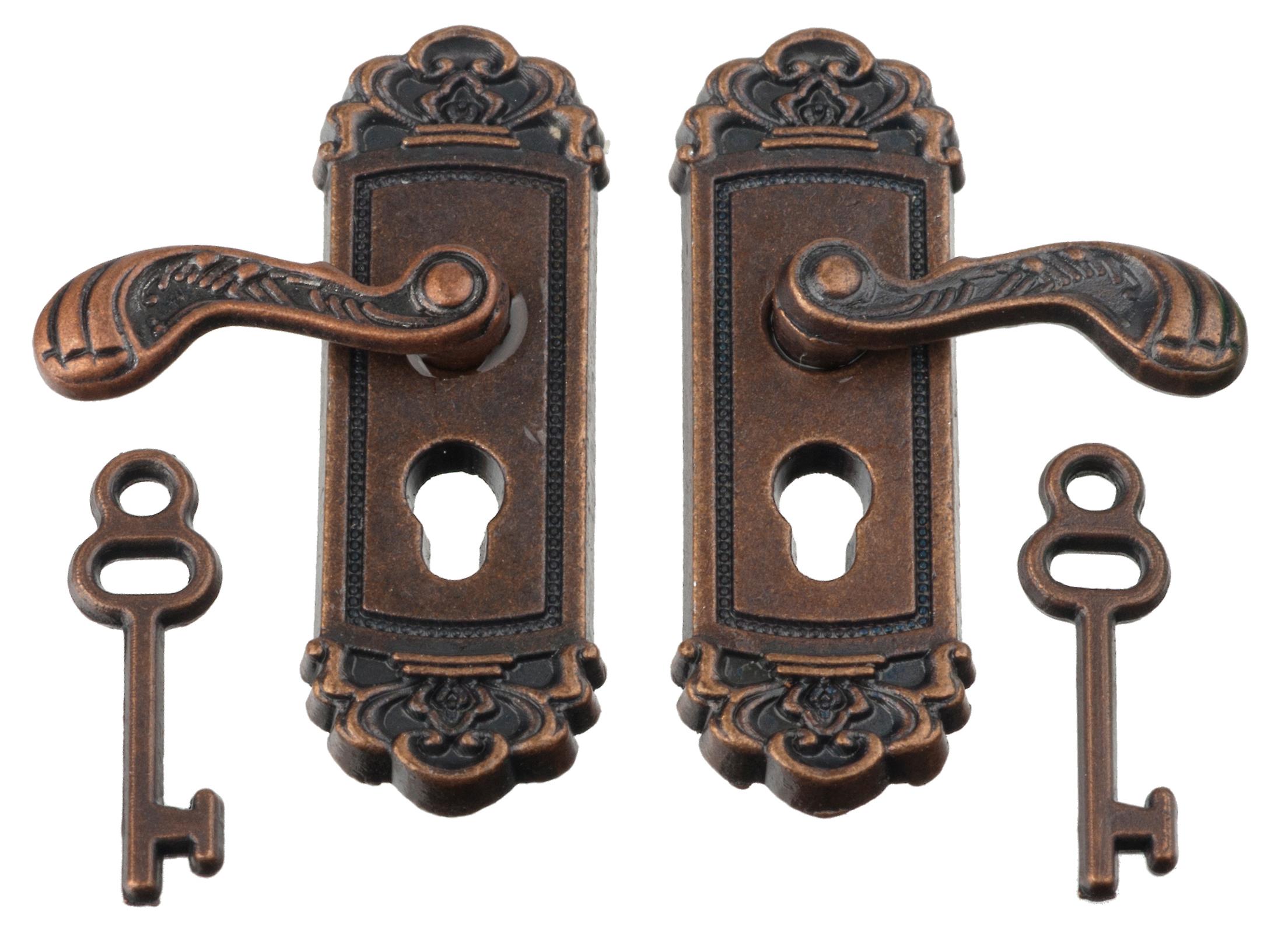 Dolls House 2 Bronze Door Handles With Keys Miniature Door Knobs Furniture 1:12