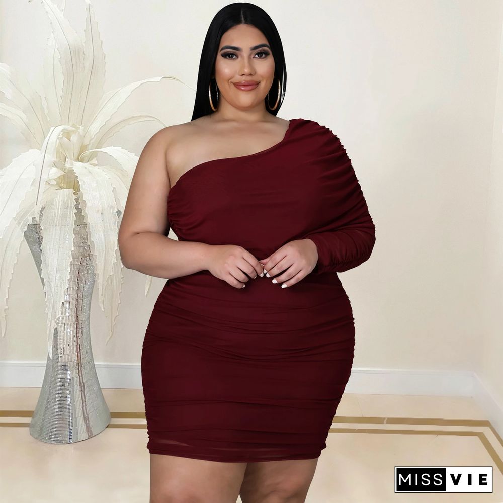 Plus Size Mesh Solid Single Sleeve Bodycon Dress