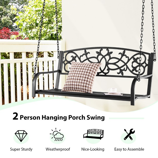 Costway 2 person Metal Outdoor Porch Swing Hanging Patio Bench 485 Lbs Capacity Black brown