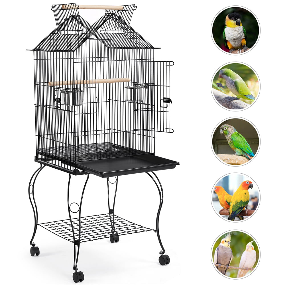 Topeakmart 57''H Open Top Metal Parrot Cage Rolling Birdcage with Perches， Black