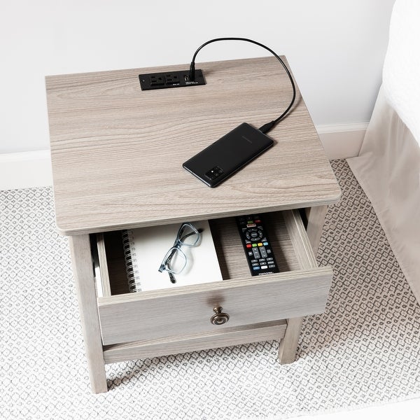 Traditional Rectangular End Table with AC Power and USB Charging Ports， White