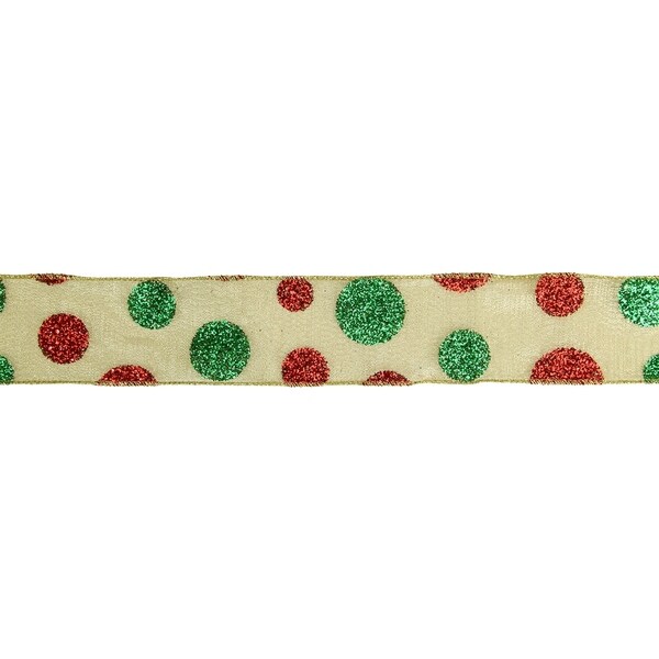 Red and Green Glitter Polka Dots on Metallic Gold Wired Ribbon 2.5 x 16 Yards