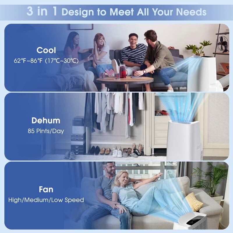 14000 BTU 4-in-1 Portable Air Conditioner with Heater, Cool Fan, Dehumidifier, Remote Control, 24H Timer